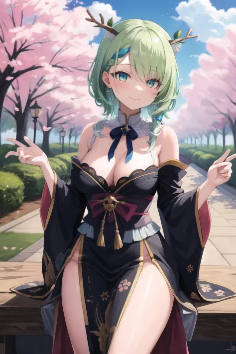 masterpiece, absurdres, best quality, illustration, extremely delicate and beautiful. black kimono, cherry blossoms, <lora:Ceres Fauna:0.6>, ceres_fauna, green hair, antlers, 1girl, solo, breasts, short hair, cleavage, bare shoulders, cat ears, hips, pelvi...