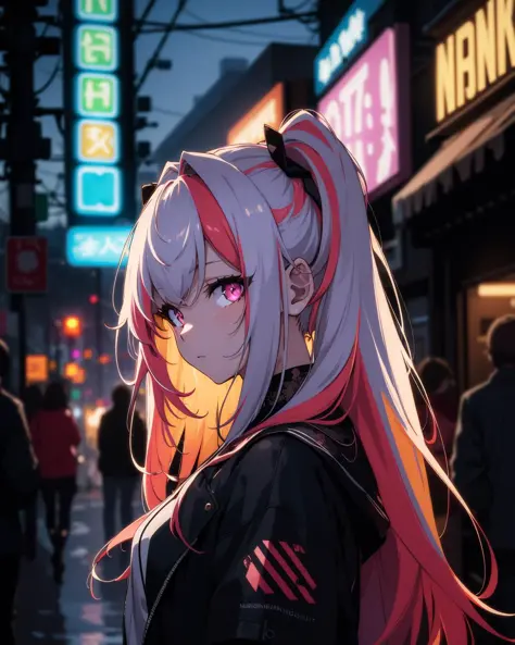 (masterpiece:1.1), (highest quality:1.1), (HDR:1.0), 1 girl, highly detailed hair, multicoloured hair, night, neon sign backlight, cinematic lighting, looking to the viewer, side lighting, complex hairstyle, midnight vibe, Depth of field