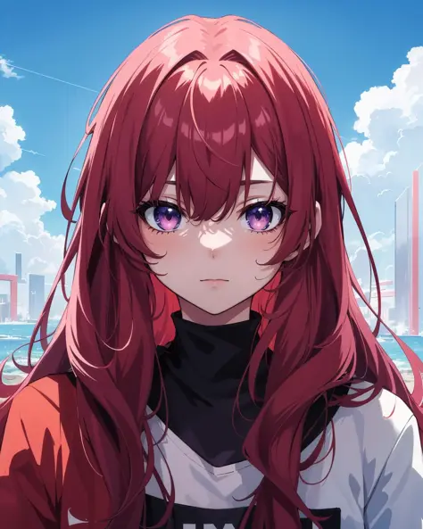 (masterpiece:1.0), (highest quality:1.12), (HDR:1.0), a girl with long hair looking at the camera with a red background and a blue sky, constant, vaporwave colors, a character portrait, synchronization