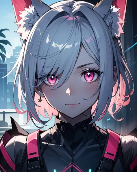 (masterpiece:1.0), (highest quality:1.0), (HDR:1.0), (real focus:1.2), (colored:1.3), 1girl, detailed face and eyes, solo, neon hair, short hair, side locks, glowing eyes, animal ear fluff, muted color, (contrast:0.8), white neon, fantasy, (luminous:1.0), ...