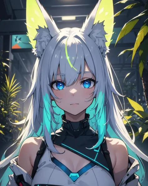 (masterpiece:1.1), (highest quality:1.1), (HDR:1.0), (real focus:1.2), (colored:1.3), a cute girl, detailed face and eyes, solo, fox ears, neon hair, muted color, neon indigo, plants, (luminous:1.2), visible (righteous)