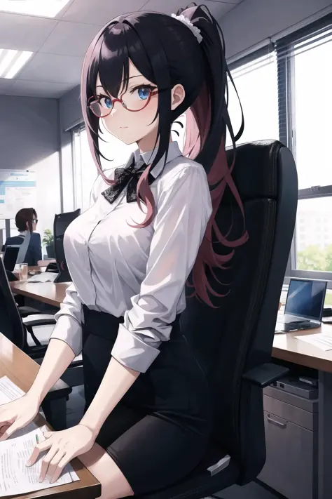 masterpiece, absurdres, best quality, illustration, extremely delicate and beautiful.
1girl, colorful, alternate costume, alternate hairstyle, breasts, sitting, office lady, on chair, long hair, ponytail, semi-rimless eyewear, paper, official wallpaper,