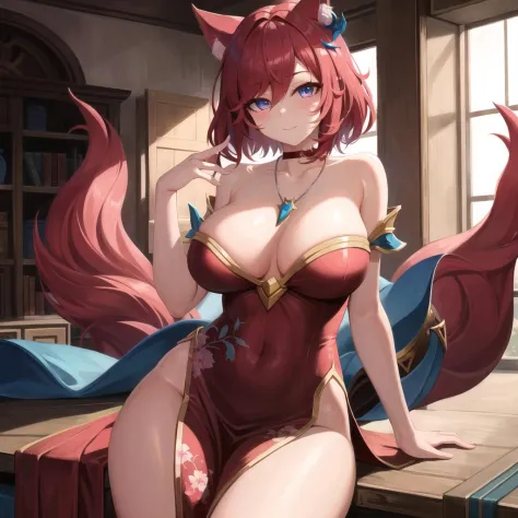 masterpiece, absurdres, best quality, illustration, extremely delicate and beautiful. detailed.
ahri (league of legends), china dress, wide hips, big breasts, choker, short hair, red hair, necklace,