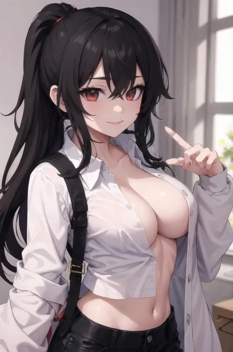 Em1ru, <lora:Em1ru:0.7>
(masterpiece, best quality, high quality, highres, ultra-detailed),
bloom, sexually suggestive, open shirt, unbuttoned,  (cleavage:1.3), shaded, attractive, breasts,
white shirt, midriff, light smile, high ponytail,