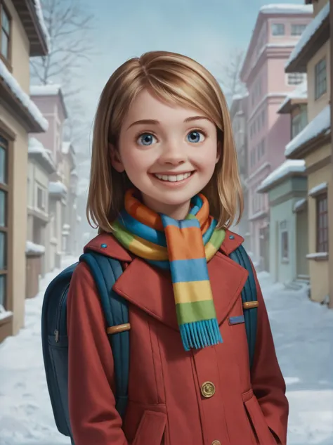 a painting of a girl in a red coat and scarf