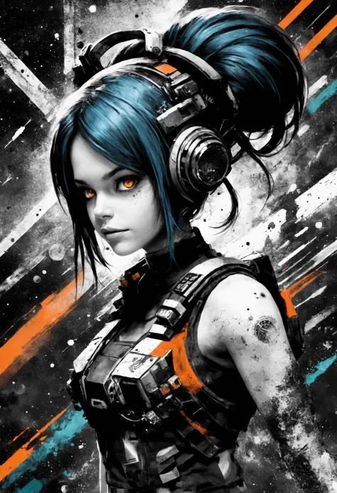 a woman with blue hair and headphones in a black and orange outfit