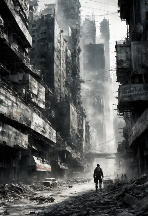 a man walking through a dirty city with a lot of buildings