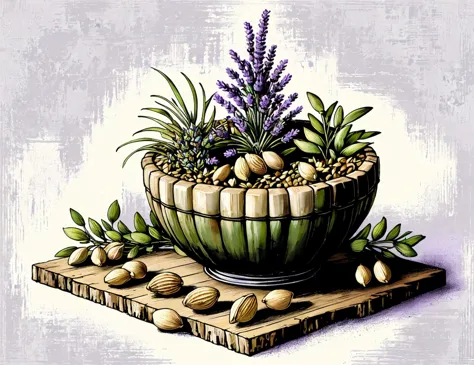 painting of a bowl of nuts and lavenders on a wooden board