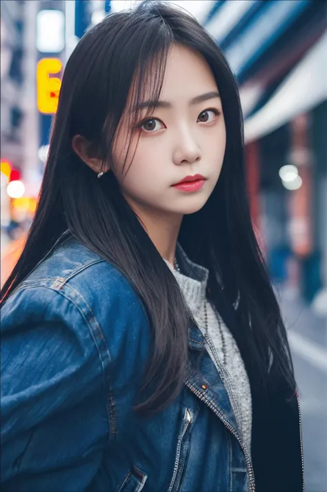 a woman with long black hair and a denim jacket