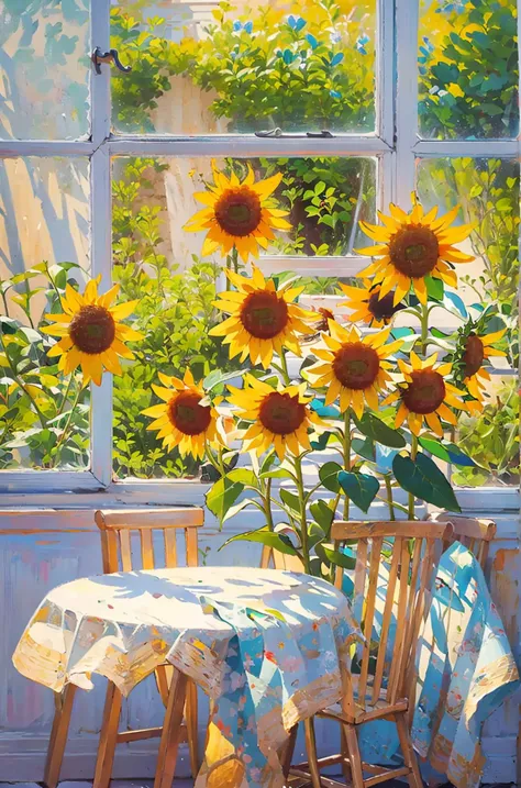 painting of sunflowers in a vase on a table in front of a window