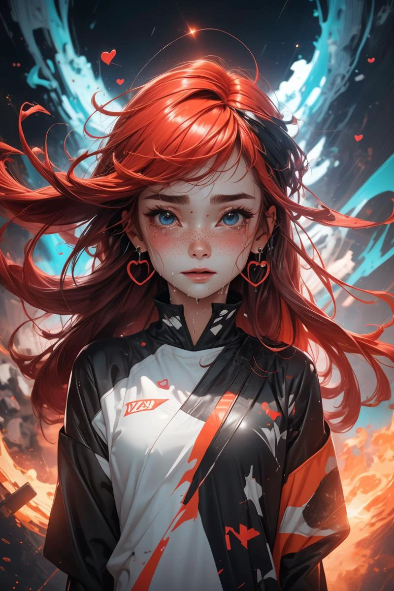 red hair, long hair, freckles, earrings,
(upper body:1.1), particles, sparkles, flames, tears, (crying:1.1), (wet face:1.1),
(torn clothes:1.2), abstract,
bangs, hearts,
animevibes,
3DMM  ,
gu ,  (colorful:1.1), 
midjourney, shiny, shiny hair, shiny skin, shiny clothes