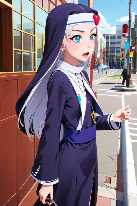 anime character dressed in nun outfit standing on a city street