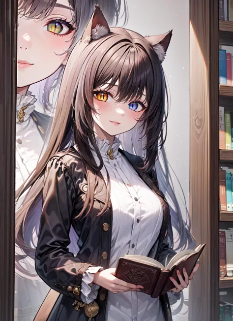 anime girl with long hair and a cat ears holding a book