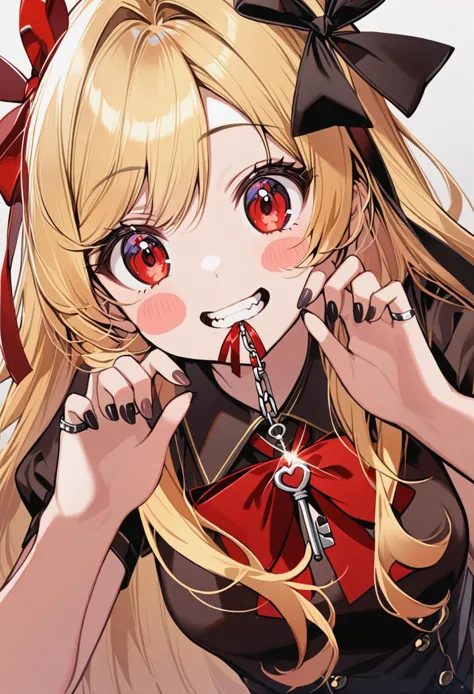 1girl,black_bow,black_nails,blonde_hair,blush_stickers,bow,bowtie,demon_girl,glint,<lora:anime enhancer V3 xl:0.5>,detailed skin...