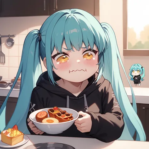 pontuação_9, pontuação_8_acima, pontuação_7_acima, pontuação_6_acima, fonte_anime,  fonte_anime, estilo anime, corar,
privacidade, olhos amarelos, Cabelo Aqua, twintails, cabelo muito comprido, capuz, black capuz,  
aquário, boca ondulada, boca fechada, tearing acima,  cozinha, chibi, olhando para comida, peixe, 
