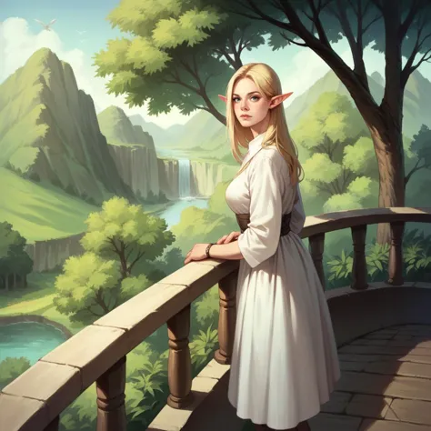 a woman in a white dress standing on a balcony overlooking a river