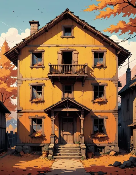 House of autumn, (vibrant ochre hue:1.1) on facade, (weathered texture:1.1) of wooden walls, (autumn leaves:1.1) scattered aroun...