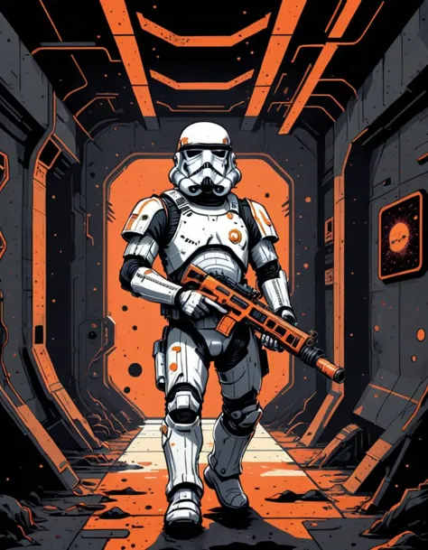 Stormtrooper with a (thick mustache:1.3), white armor, holding an (orange blaster:1.2), (space station corridor background:1.2),...