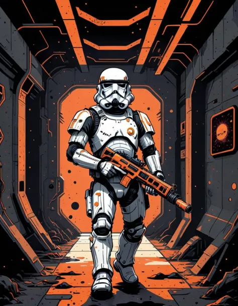 Stormtrooper with a (thick mustache:1.3), white armor, holding an (orange blaster:1.2), (space station corridor background:1.2), dark tones with red accents, gritty texture, contrast lighting, (comic book ink style:1.2), (sci-fi theme:1.3), dramatic shadows, sense of tension, (moody atmosphere:1.1), debris scattered, high detail illustration, (retro-futuristic vibe:1.1), action-ready stance, (Star Wars influence:1.2).






