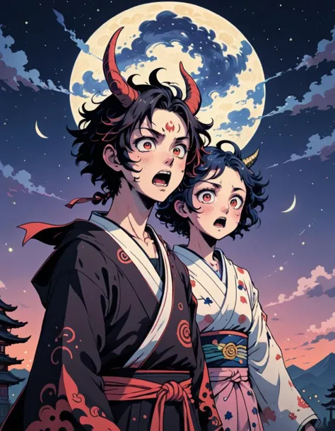 a couple of anime characters standing next to each other under a full moon