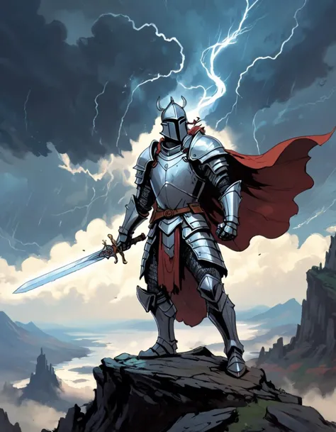 Fantasy illustration of a knight in heavy armor, (crucible knight:1.3) holding a glowing sword aloft, (enchanted armor:1.2) with...