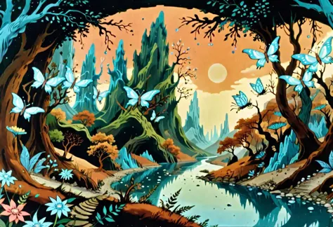 wild planet fantasy landscape, fractal leaves, multi-tiered burdocks wide leaves, turquoise trees, sparkling (translucent crystal flowers), river, green sky, rusty mechanical butterflies, small moons, mountain with many caves,detailed, day, perfect composition