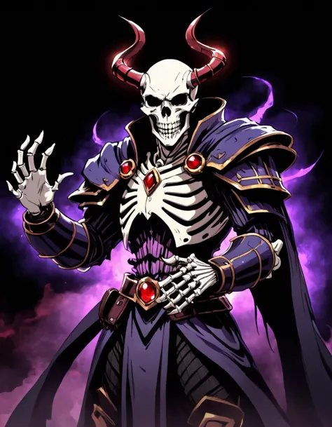 Central figure of (skeletal anime character:1.3), menacing grin, (dark wizard attire with purple accents:1.2), (gauntleted hands...