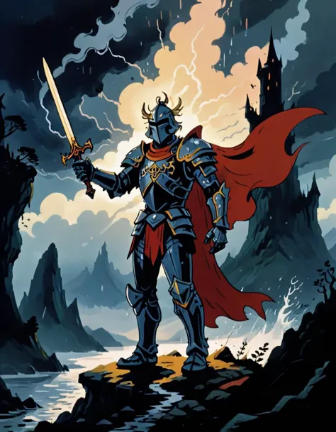 Fantasy illustration of a knight in heavy armor, (crucible knight:1.3) holding a glowing sword aloft, (enchanted armor:1.2) with...
