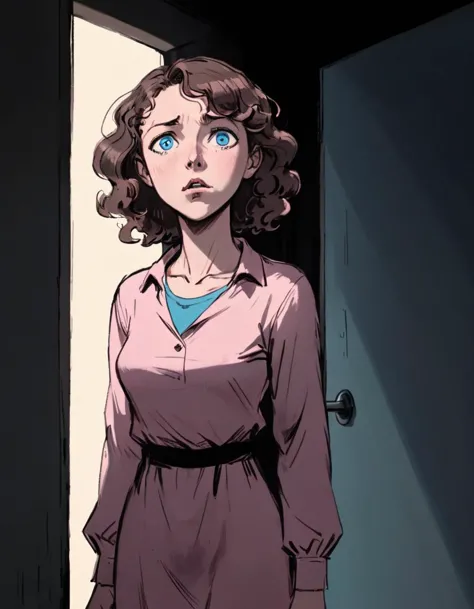 Anime girl with (curly brown hair:1.1), blue eyes, (worried expression:1.2), pink long-sleeve shirt, dark jumper dress, standing in (doorway light:1.3), shadowed surroundings, high contrast between light and dark, (indoor setting:1.1), subtle highlights on hair, (emotive scene:1.2), soft shading, overhead perspective.






