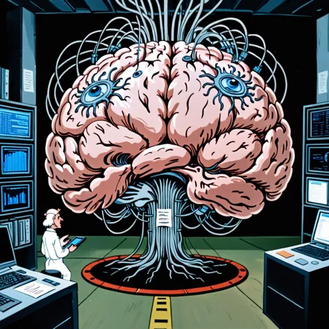 In the center of the room, a colossal human brain is intricately connected to advanced computers housed in the surrounding racks by millions of wires. This extraordinary Brain possesses two eyes that fixate upon us with astonishing precision, captured in a painting with unparalleled detail and resolution at 64K, there are two Alien scientists who are examining the Brain