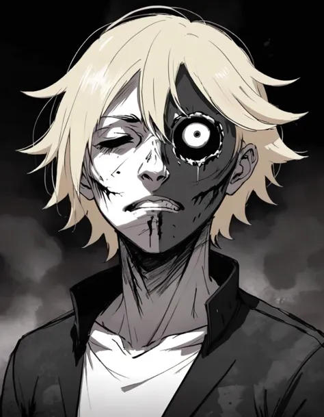 Anime character with (blonde hair:1.1), half face normal, half face with (dark, charred texture:1.3), (one eye closed:1.2), (expression of pain or resignation:1.2), blurred background suggesting movement or chaos, high emotional impact, (manga-style art:1.1), subtle color tones on unharmed side, contrasting destruction on the other, (sense of mystery:1.2), (Tokyo Ghoul influence:1.3).






