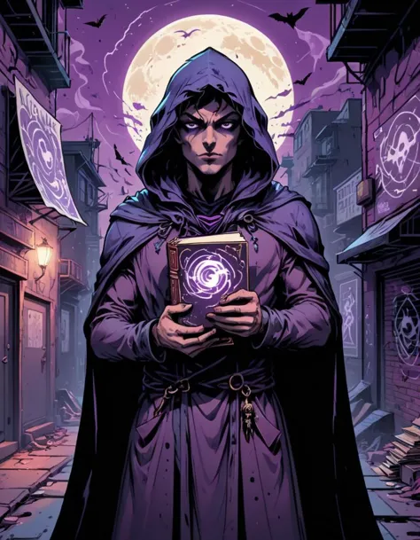 Illustration of Raven from DC Comics, (dark and brooding:1.2), (mystical aura:1.3), (flowing purple cloak:1.1), (intense eye glow:1.2), (hooded cloak:1.1), (holding a book of spells:1.2), (standing in a shadowy alley:1.1), (urban background with graffiti:1.1), (moonlit sky:1.2), (mysterious atmosphere:1.3), (surreal lighting effects:1.2), (intricate details on costume:1.1), (sharp and defined features:1.2), (purple and black color scheme:1.1), (dynamic pose:1.2), (magical energy swirling around:1.3), (comic book style art:1.1), (dramatic shading:1.2), (expressive eyes:1.2), (captivating and powerful presence:1.3).






