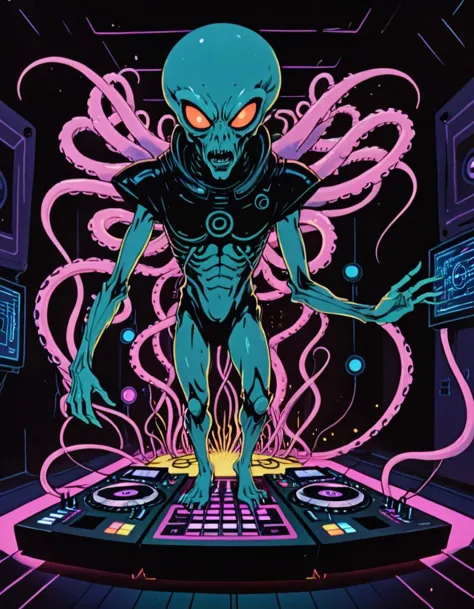 "Alien DJ, (tall and slender:1.1) with (glowing eyes:1.1), (tentacles:1.1) weaving around equipment, (electronic music:1.1) blasting, (neon-lit DJ booth:1.1), (packed dance floor:1.1), (flashing lights:1.1), (dancers:1.1) moving to the beat, (bizarre appearance:1.1), (otherworldly aura:1.1), (futuristic technology:1.1), (captivating presence:1.1), (alien DJ persona:1.1)."






