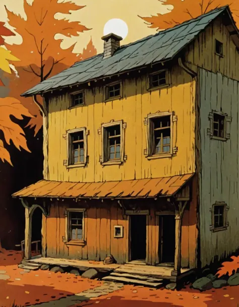 House of autumn, (vibrant ochre hue:1.1) on facade, (weathered texture:1.1) of wooden walls, (autumn leaves:1.1) scattered around, (setting sun:1.1) casting long shadows, (past seasons' scars:1.1) etched on walls, (silent and still:1.1), (echoes of lost time:1.1) resounding, (rustic charm:1.1), (melancholic atmosphere:1.1), (aging gracefully:1.1), (subtle details:1.1).






