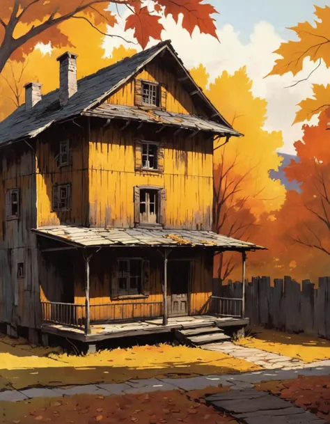 House of autumn, (vibrant ochre hue:1.1) on facade, (weathered texture:1.1) of wooden walls, (autumn leaves:1.1) scattered aroun...