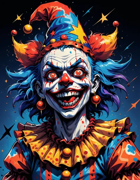 (Wild clown figure:1.4), (maniacal grin:1.3), (multicolored jester hat:1.2), bright red skin, (blue wild hair:1.2), (oversized gold earring:1.1), (dark starry background:1.2), exaggerated facial features, (chaotic energy:1.3), vibrant colors, (orange ruffled collar:1.1), (intense eyes:1.3), (comic book style:1.2), horror theme, detailed textures, dripping details, (frightening aura:1.2), bold line art, dynamic expression, (macabre humor:1.1).






