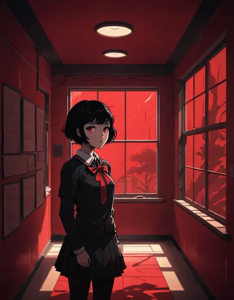 Anime girl with (short black hair:1.1), school uniform with red bow, (silhouetted against a red, window-lit hallway:1.3), myster...