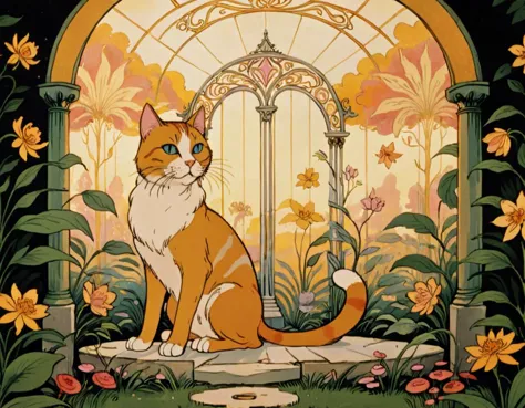 art of a beautiful cat, an art nouveau-inspired beauty captivates within a lush garden gazebo adorned with intricate floral moti...