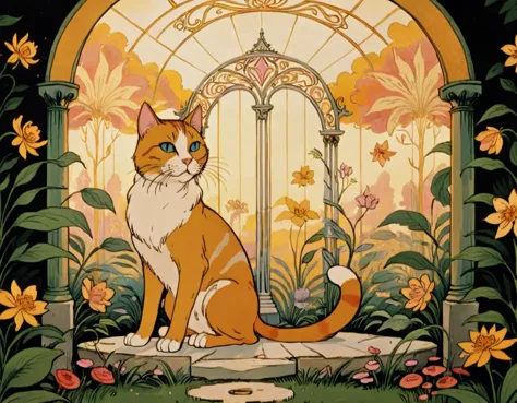 art of a beautiful cat, an art nouveau-inspired beauty captivates within a lush garden gazebo adorned with intricate floral motifs, bathed in ethereal golden light <lora:add-detail-xl:1.0>