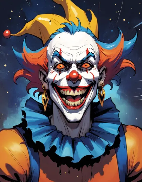 (Wild clown figure:1.4), (maniacal grin:1.3), (multicolored jester hat:1.2), bright red skin, (blue wild hair:1.2), (oversized gold earring:1.1), (dark starry background:1.2), exaggerated facial features, (chaotic energy:1.3), vibrant colors, (orange ruffled collar:1.1), (intense eyes:1.3), (comic book style:1.2), horror theme, detailed textures, dripping details, (frightening aura:1.2), bold line art, dynamic expression, (macabre humor:1.1).






