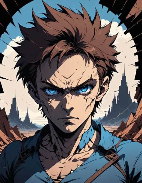 Half-face view of anime character, (sharp blue eye:1.3), (brown spiky hair:1.1), serious expression, (cracked earth background:1...