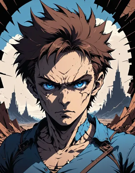 Half-face view of anime character, (sharp blue eye:1.3), (brown spiky hair:1.1), serious expression, (cracked earth background:1.2), metal rods protruding from cracks, high contrast shading, vintage anime style, (tense atmosphere:1.2), bold lines, character partially in shadow, dramatic tension.






