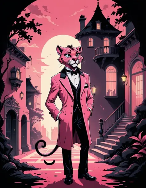 Illustration inspired by the "Pink Panther," (whimsical and playful:1.2), (stylized pink panther character:1.1), (sleek and elegant demeanor:1.1), (mysterious and mischievous expression:1.2), (pink fur with black accents:1.1), (sneaking through shadows:1.2), (classic cartoon charm:1.1), (retro vibes:1.1), (diamond heist setting:1.1), (luxurious mansion background:1.1), (intricate details:1.1), (dynamic posing:1.2), (vibrant colors:1.1), (humorous and engaging narrative:1.2), (nostalgic character portrayal:1.2).






