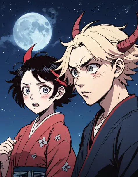 Two anime characters side by side, (surprised expression:1.2), (dark-haired character with demon horns:1.1), light-haired character with wide eyes, (starry night sky:1.1), subtle blush on cheeks, traditional Japanese clothing, detailed facial expressions, (dynamic interaction:1.3), vibrant animation style, soft lighting, (emotion-rich scene:1.2), (kimetsu no yaiba style:1.2)






