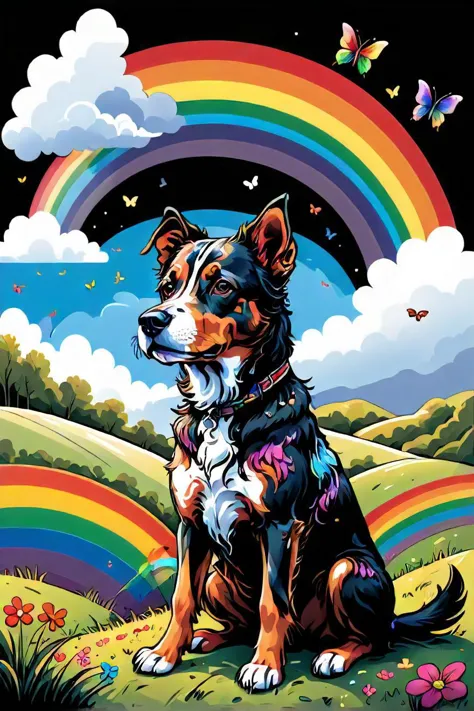 arafed picture of a dog sitting in a field with a rainbow, an ultrafine detailed painting by georgina hunt, featured on pixabay, fine art, dark rainbow nimbus, very detailed and colorful, butterfly embroidery