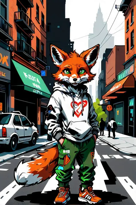 here is a description of the image in an edwardian style: in the heart of the bustling city, a fox like creature with fiery orange fur and large ears graces the scene. he stands confidently on the asphalt road, donned in a gray hoodie that contrasts his vibrant colors. his green pants and sneakers complete his outfit, giving him a casual yet stylish appearance. the backdrop features towering buildings reaching towards the sky, their grandeur dwarfing our subject. among these structures, a storefront bearing the name "zopia" can be seen, its neon sign casting a soft glow onto the street below. beneath his paws, the white crosswalk lines stretch out, marking his path across the urban landscape. despite the hustle and bustle surrounding him, he seems at ease, as if he belongs amidst the city's rhythm.