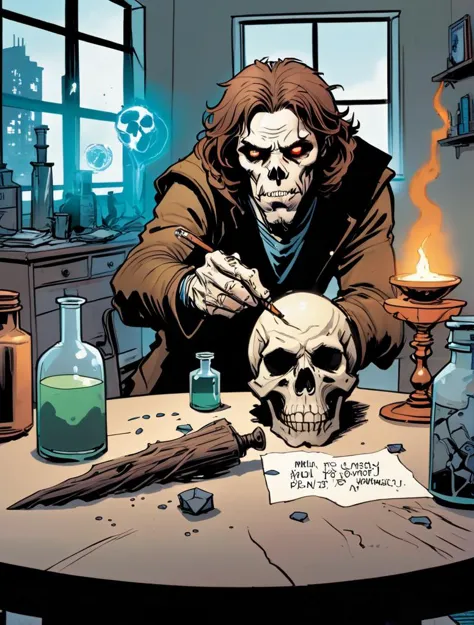 comic book panel of harry dresden, wild brown hair, making a potion on a table, rune-covered skull with glowing eyes sitting on ...