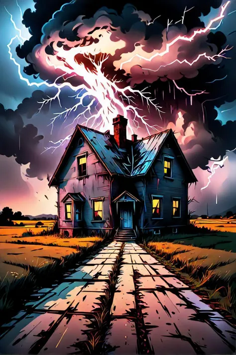 arafed house in a field with a lightning in the background, a colorized photo inspired by storm thorgerson, shutterstock contest winner, auto destructive art, surreal abandoned buildings, dark eerie photograph, beautiful dark creepy landscape