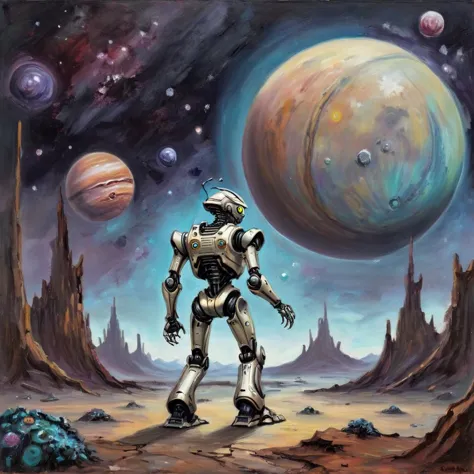 An oil painting of a humanoid robot exploring an alien world, dark sky with gas giant planets, alien creatures in background