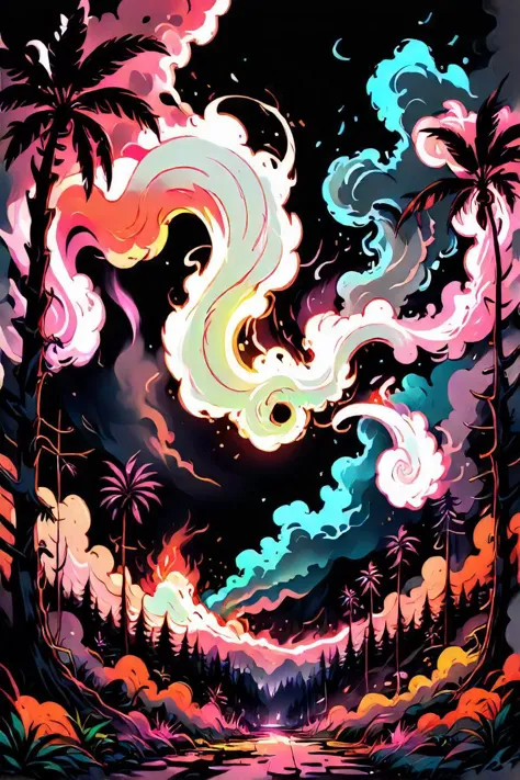 a colorful swirl of smoke in the sky, in a deep lush jungle at night, awkward situation, furious lights, creepy mood, concert lights, high contrast dappled lighting, digitally colored, wildfire, faint atmospheric lighting, by fujishima takeji, pink and orange neon lights